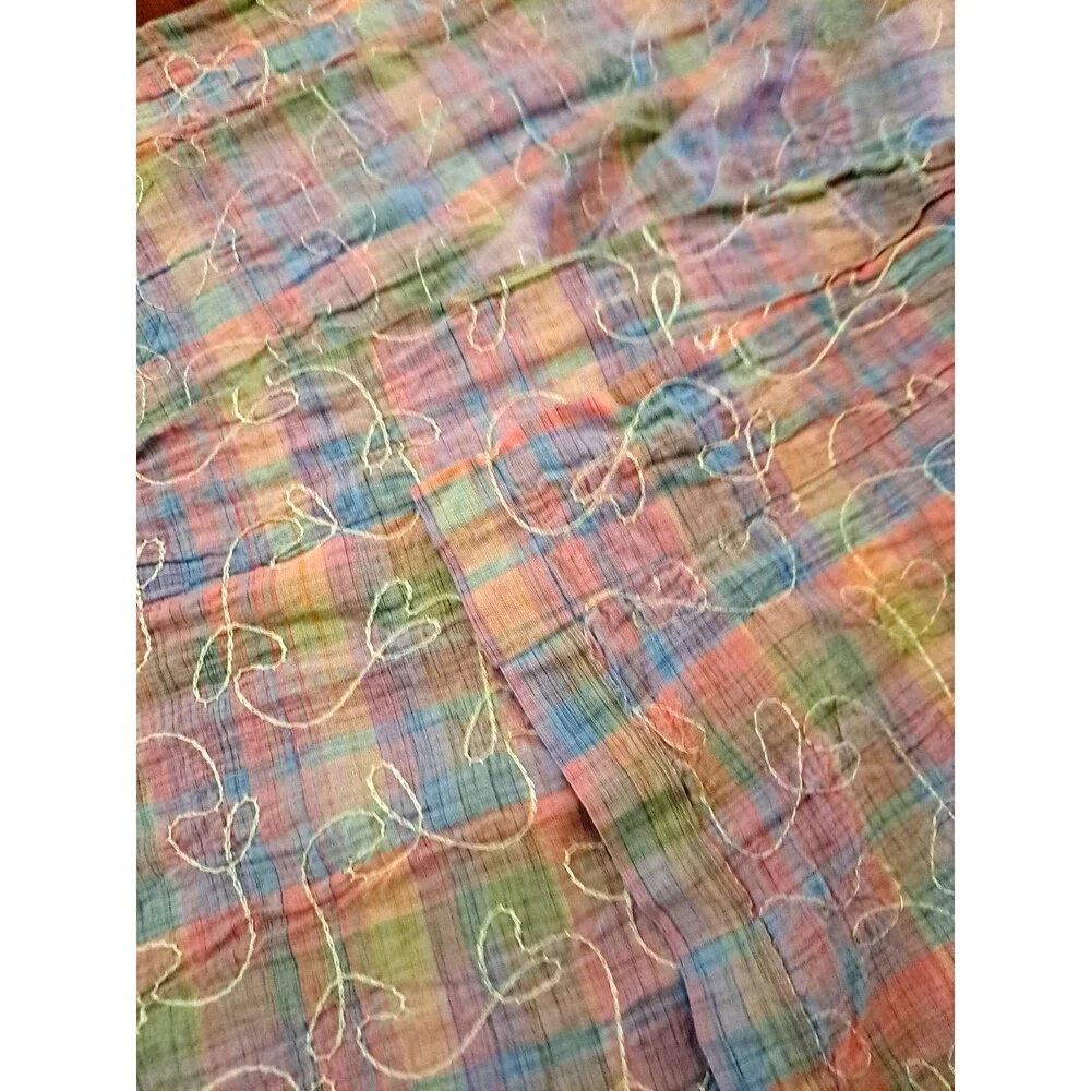 Pastel Plaid Valance Extra Long White Stitching Cottage Country 126x12